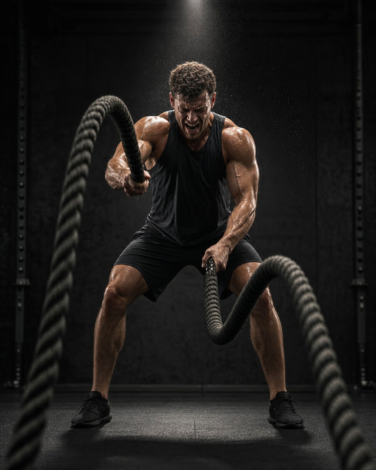 Entrenamiento con cuerdas en un gimnasio oscuro